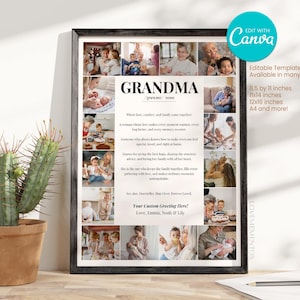 May include: A framed print with the word "GRANDMA" in large text, surrounded by family photos. The print includes a definition of "Grandma" and the text "Your Custom Greeting Here!" in a black frame. A cactus in a terracotta pot is in the foreground.