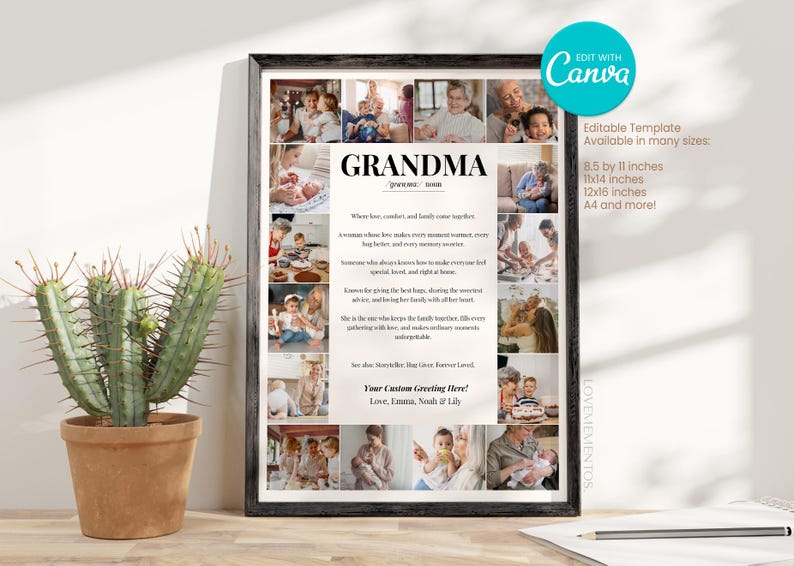 May include: A framed print with the word "GRANDMA" in large text, surrounded by family photos. The print includes a definition of "Grandma" and the text "Your Custom Greeting Here!" in a black frame. A cactus in a terracotta pot is in the foreground.