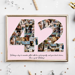 Regalo di compleanno per lui e per lei per 42 anni, regalo per uomini e donne, biglietto d'invito per la festa di compleanno del 42° compleanno, collage personalizzato