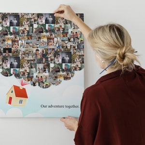 May include: A canvas print with a collage of photos in a cloud shape, a small house with a red roof, and the text "Our adventure together."