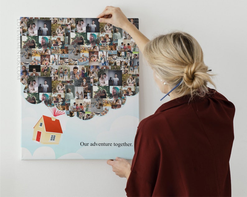 May include: A canvas print with a collage of photos in a cloud shape, a small house with a red roof, and the text "Our adventure together."