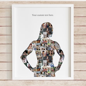 May include: A white frame with a silhouette of a person made of a collage of photos. The text "Your custom text here." is at the top of the frame.