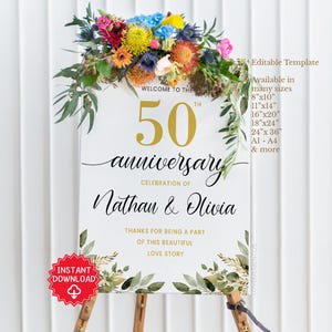 50th Anniversary Poster, 50th Anniversary Sign, 50 years Anniversary Party Welcome Poster, Golden Anniversary Decorations, Floral Greenery