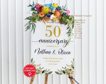 50th Anniversary Poster, 50th Anniversary Sign, 50 years Anniversary Party Welcome Poster, Golden Anniversary Decorations, Floral Greenery