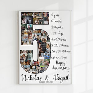 Regalo del quinto aniversario para él o su esposo. Regalo del quinto aniversario para su esposa, tarjeta del quinto aniversario de bodas, cuenta regresiva para el quinto aniversario de bodas