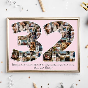 Presente de 32º aniversário para ela e para ele, presente de 32 anos para homens e mulheres, cartão de convite para decoração de festa de feliz 32º aniversário, colagem personalizada