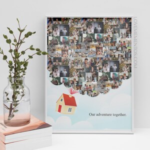 May include: A white framed photo collage with a cloud shape filled with small photos of a couple. The cloud is attached to a small yellow house with a red roof. The text "Our adventure together." is below the house.