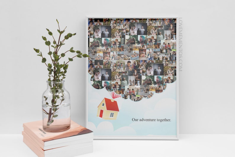 May include: A white framed photo collage with a cloud shape filled with small photos of a couple. The cloud is attached to a small yellow house with a red roof. The text "Our adventure together." is below the house.