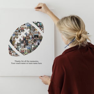 May include: A white canvas print of a football made of photos. The text below the football reads "Thanks for all the memories. Your coach name or team name here."