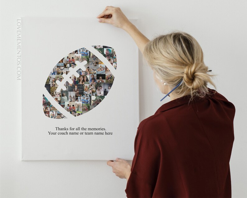 May include: A white canvas print of a football made of photos. The text below the football reads "Thanks for all the memories. Your coach name or team name here."