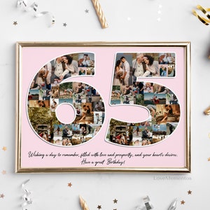 65 Geburtstagsgeschenk für Sie und Ihn, Geschenk 65 Jahre alt für Männer Frauen, Happy 65th Party Dekoration Einladungskarte Mama Papa, personalisierte Collage