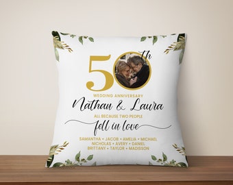 50th Wedding Anniversary Gift for Parents, Mom & Dad 50 Years Anniversary Party Decorations Ornaments, Golden Anniversary Pillow Photo Gift