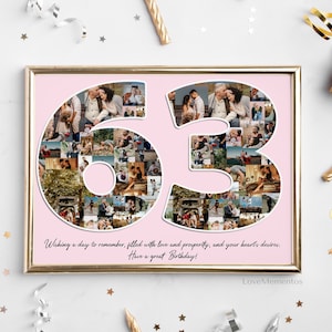 Regalo per il 63° compleanno per lei e per lui, regalo per 63 anni per uomo e donna, biglietto d'invito per decorazione festa felice 63° mamma papà, collage personalizzato