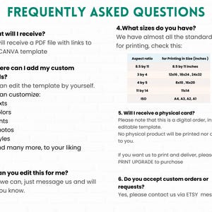 May include: A white document with the title "FREQUENTLY ASKED QUESTIONS" in green text. The document lists questions and answers about a digital template, including customization options, sizes, and order details.