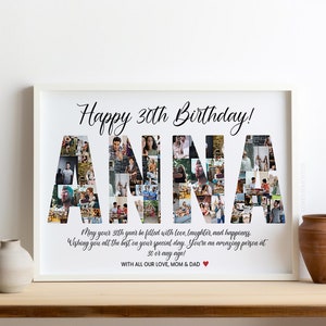 Może przedstawiać: Biała, oprawiona foto-kolagen z tekstem "Happy 30th Birthday!" i imieniem "ANNA" napisanym zdjęciami. Tekst pod zdjęciami brzmi: "Niech Tw&oacute;j 30. rok życia będzie pełen miłości, śmiechu i szczęścia. Życzymy Ci wszystkiego najlepszego w tym wyjątkowym dniu. Jesteś niesamowitą osobą w wieku 30 lat lub w każdym innym wieku! Z całego serca, Mama i Tata."