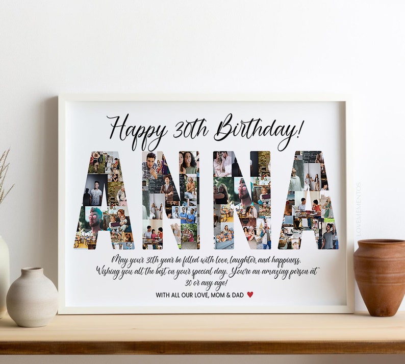 Może przedstawiać: Biała, oprawiona foto-kolagen z tekstem "Happy 30th Birthday!" i imieniem "ANNA" napisanym zdjęciami. Tekst pod zdjęciami brzmi: "Niech Tw&oacute;j 30. rok życia będzie pełen miłości, śmiechu i szczęścia. Życzymy Ci wszystkiego najlepszego w tym wyjątkowym dniu. Jesteś niesamowitą osobą w wieku 30 lat lub w każdym innym wieku! Z całego serca, Mama i Tata."