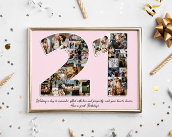 May include: A pink and gold framed photo collage of a number 21 made of photos. The text "Wishing a day to remember, filled with love and prosperity, and your heart's desires. Have a great Birthday!" is printed below the collage. The text "LoveMementos" is printed in the bottom right corner.