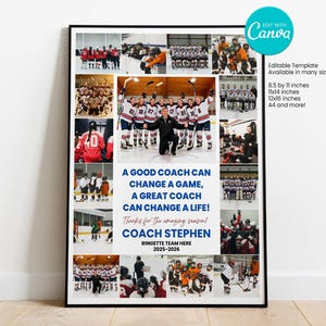 May include: A framed collage featuring multiple photos of a ringette team, with the text "A GOOD COACH CAN CHANGE A GAME, A GREAT COACH CAN CHANGE A LIFE!" and "COACH STEPHEN". The collage is a customizable template.