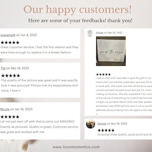 May include: Screenshots of customer reviews for a business that creates personalised lyric prints. The reviews are all positive and highlight the quality of the product and the excellent customer service. The reviews include text such as "Great customer service", "Amazing!", "Quality is great", and "Quick proof and shipment".