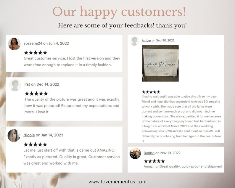 May include: Screenshots of customer reviews for a business that creates personalised lyric prints. The reviews are all positive and highlight the quality of the product and the excellent customer service. The reviews include text such as "Great customer service", "Amazing!", "Quality is great", and "Quick proof and shipment".