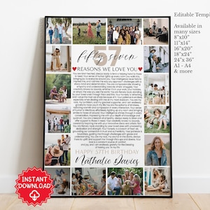 May include: A framed print with a black border, featuring a collage of family photos and text. The text reads "57 Reasons We Love You" and includes the name "Nathalie Davies" and "Happy 57th Birthday."