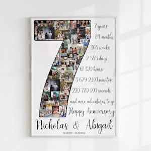 Regalo del séptimo aniversario para su esposo, regalo del séptimo aniversario para su esposa, tarjeta del séptimo aniversario de bodas, collage de cuenta regresiva del séptimo aniversario