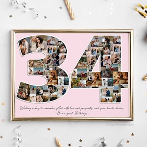 34e verjaardagscadeau voor haar en hem, 34-jarige cadeau voor mannen vrouwen, gelukkige 34e verjaardag feestdecoratie uitnodigingskaart, gepersonaliseerde collage