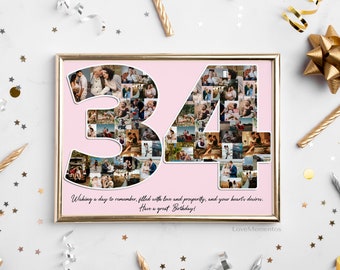 34th Birthday Gift for Her & Him, 34 Year Old Gift for Men Women, Happy 34th Birthday Party Decoration Invitation Card, Personalized Collage