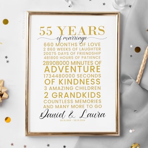 55e verjaardag aftellen, gepersonaliseerd 55e huwelijksverjaardag cadeau voor ouders, 55 jaar huwelijksverjaardag cadeau voor koppels poster