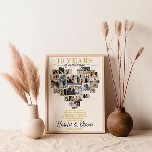 May include: A 10-year anniversary photo collage in the shape of a heart with a gold frame. The collage is made up of photos of a couple and their life together. The text "10 YEARS of marriage" is at the top of the collage, and the couple's names and wedding date are at the bottom. The text reads: "120 Months of Love, 520 Weeks of Laughter, 3,650 Days of Friendship, 87,660 Hours of Adventure, Countless Memories and More to Go. Harold & Olivia 08.36.2014 - 08.16.2024 Happy Anniversary"