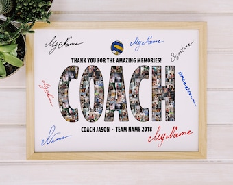 Pode incluir: Um quadro branco emoldurado com a palavra "COACH" escrita em letras grandes. As letras são compostas por uma colagem de fotos. O quadro também inclui o texto "Obrigado pelas memórias incríveis!" e "Coach Jason - Team Name 2018".