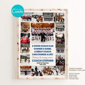 May include: A framed collage featuring multiple photos of a ringette team, with the text "A GOOD COACH CAN CHANGE A GAME, A GREAT COACH CAN CHANGE A LIFE!" and "COACH STEPHEN". The frame is light brown, and the collage is an editable template.