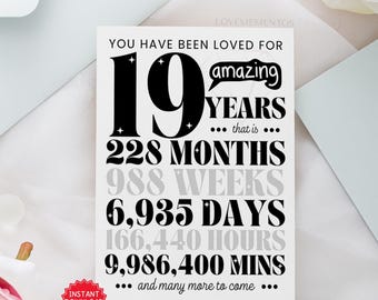 19e verjaardag afdrukbare kaart, 19e verjaardag cadeau jongen meisje, 19e verjaardag wenskaart dochter zoon, 19e verjaardagsfeestje uitnodigen decoratie