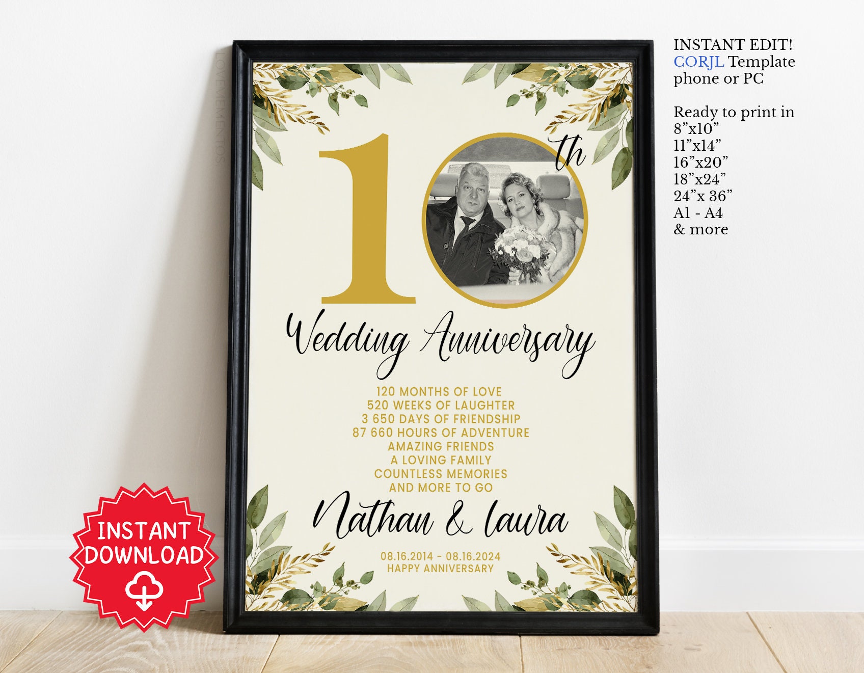 TIN Anniversary Gift 10th Wedding Anniversary 10th Tin Gift Personalised 10th Anniversary Frame 10 Year Marriage Tin Anniversary Present - View #3