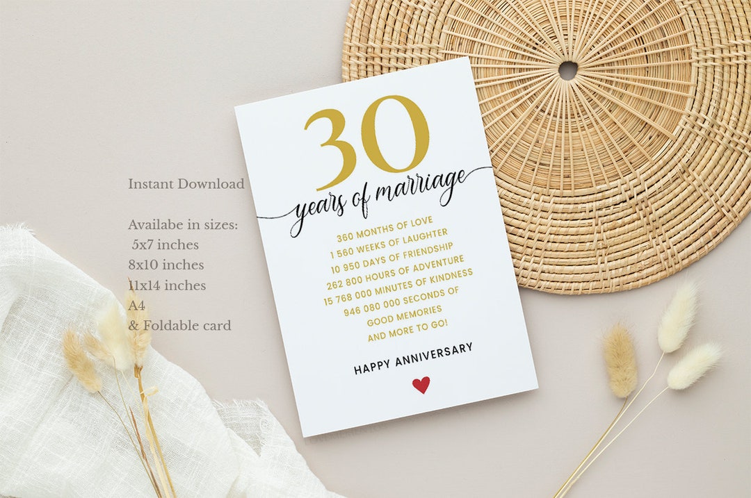 30th Anniversary Card, Printable 30 Years Wedding Anniversary Card for