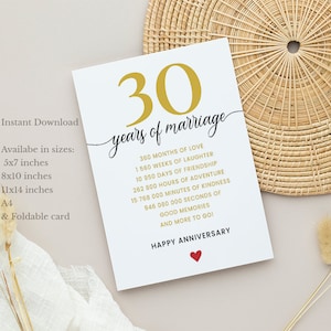 Karta na 30. rocznicę ślubu, do druku Karta na 30. rocznicę ślubu dla par, Karta z życzeniami na 30. rocznicę ślubu dla męża, żony, rodziców