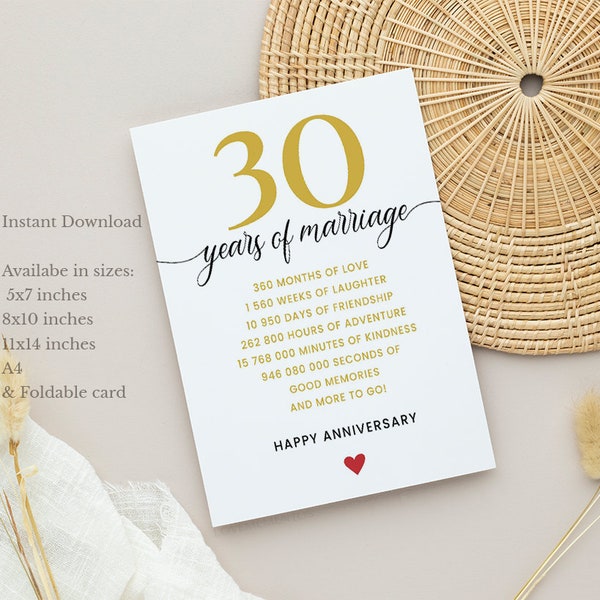 30th Anniversary Card, Printable 30 Years Wedding Anniversary Card for Couples, 30th Anniversary Greeting Card for Husband, Wife, Parents