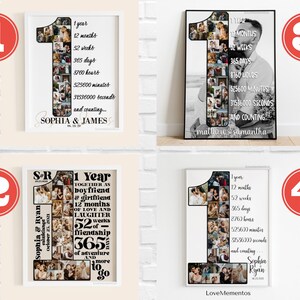 May include: Four white picture frames each containing a collage of photos arranged in the shape of the number one. Text below the photos in each frame reads "1 year" and lists the number of months, weeks, days, hours, minutes, and seconds in a year. The frames are numbered 1 to 4.