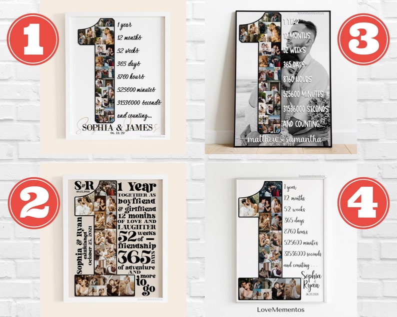 May include: Four white picture frames each containing a collage of photos arranged in the shape of the number one. Text below the photos in each frame reads "1 year" and lists the number of months, weeks, days, hours, minutes, and seconds in a year. The frames are numbered 1 to 4.