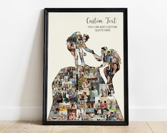 Puede incluir: Un collage de fotos con la forma de dos personas que se toman de la mano, de pie en una montaña. El collage está hecho de muchas fotos más pequeñas, y el texto "Custom Text" está escrito sobre el collage. El texto debajo del collage dice "You can add custom quote here."