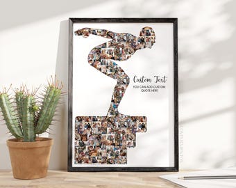 May include: A framed print featuring a diver silhouette composed of numerous small photos. The black frame surrounds a white background with the text "Custom Text" and "You can add custom quote here". A potted cactus is in the foreground.