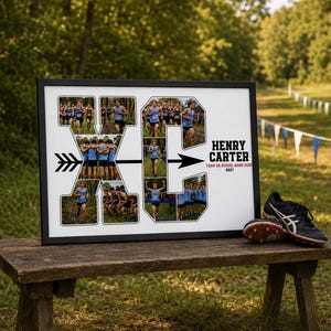 May include: A framed collage print shaped like the letters XC with an arrow graphic, featuring multiple photos of cross country runners. The text reads HENRY CARTER, TEAM OR SCHOOL NAME HERE, and 2027. A pair of black running spikes sits nearby.