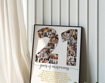 May include: A framed 21st birthday photo collage. The number "21" is filled with photos. Text includes "years of awesomeness", the name "Olivia Williams", and birthday wishes. The frame is black.