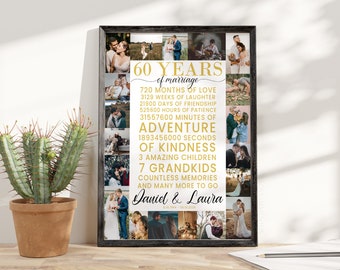 Diamond Anniversary Gift for Parents, 60th Anniversary Photo Collage Gift for Mom & Dad, 60 Years Wedding Anniversary Gift for Couples Photo