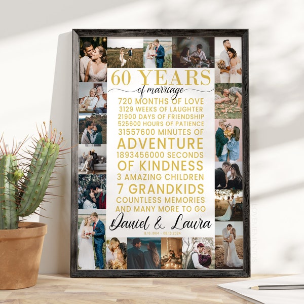 Diamond Anniversary Gift for Parents, 60th Anniversary Photo Collage Gift for Mom & Dad, 60 Years Wedding Anniversary Gift for Couples Photo