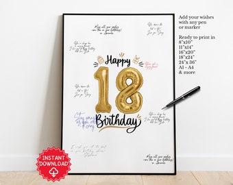 Op de afbeelding: Een witte, printbare poster met een gouden ballonnummer 18 en de woorden "Happy 18th Birthday". De poster is versierd met kleine cadeaudoosjes en heeft ruimte voor mensen om berichten te schrijven. De poster is klaar om te printen in formaten van 8x10 inch tot A1.