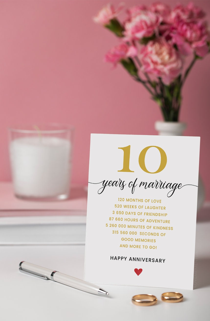 Biglietto di auguri per 10° anniversario da donna, regalo romantico per il decimo anniversario di matrimonio, regalo romantico per lui, 10° anniversario di matrimonio