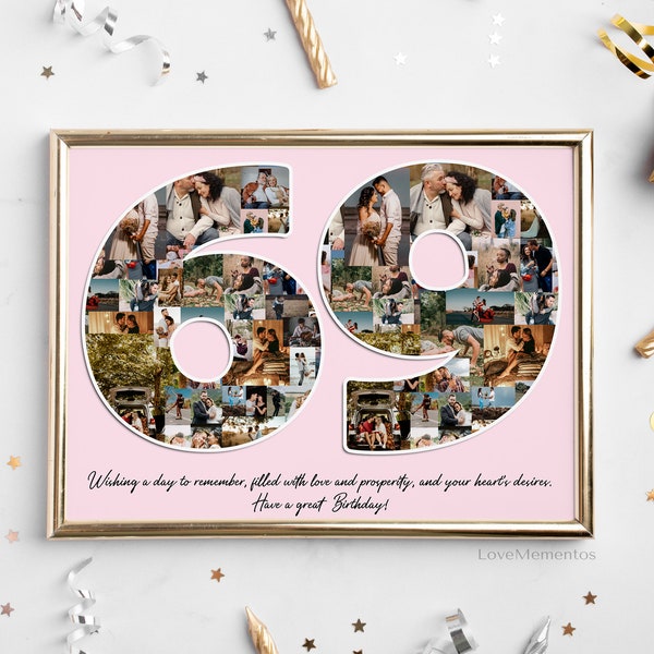 69th Birthday Gift for Her & Him, 69 Year Old Gift for Men Women, Happy 69th Party Decoration Invitation Card Mom Dad, Personalized Collage