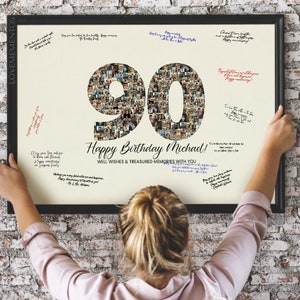 Decoraciones para el 90.° cumpleaños, regalo para ella o para él en el 90.° cumpleaños, cartel con foto para invitados en el 90.° cumpleaños, idea de juegos para invitar a tarjetas en el 90.° cumpleaños