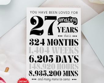 27th Birthday Printable Card, 27th Birthday Gift Men Women, Funny 27th Birthday Greeting Card, 27th Birthday Party Invite Decoration Poster